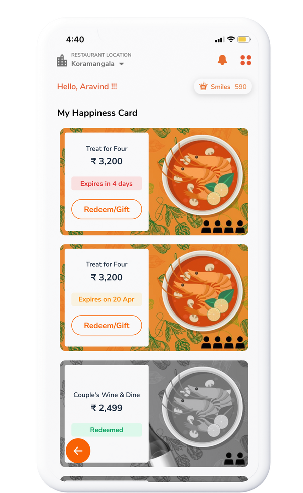Barbeque Nation app — rewards screen
