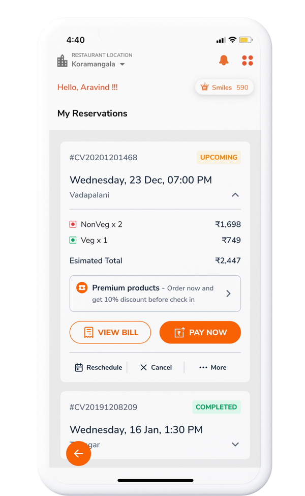 Barbeque Nation app — booking screen