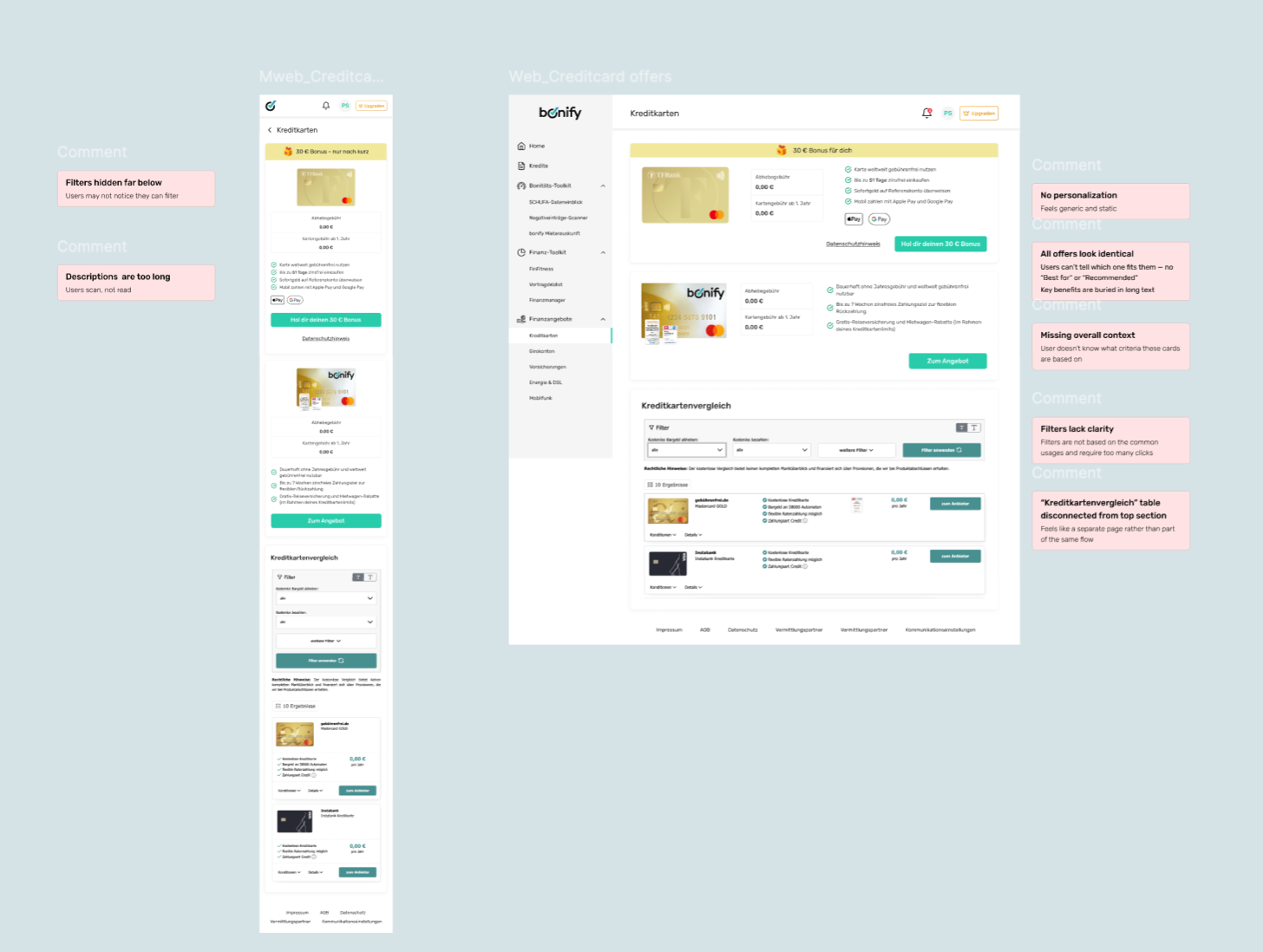The original mobile-web and web marketplace with critique annotations: no personalization, all offers look identical, key benefits buried in long text, filters hidden far below and lacking clarity, and the comparison table feeling disconnected from the page.