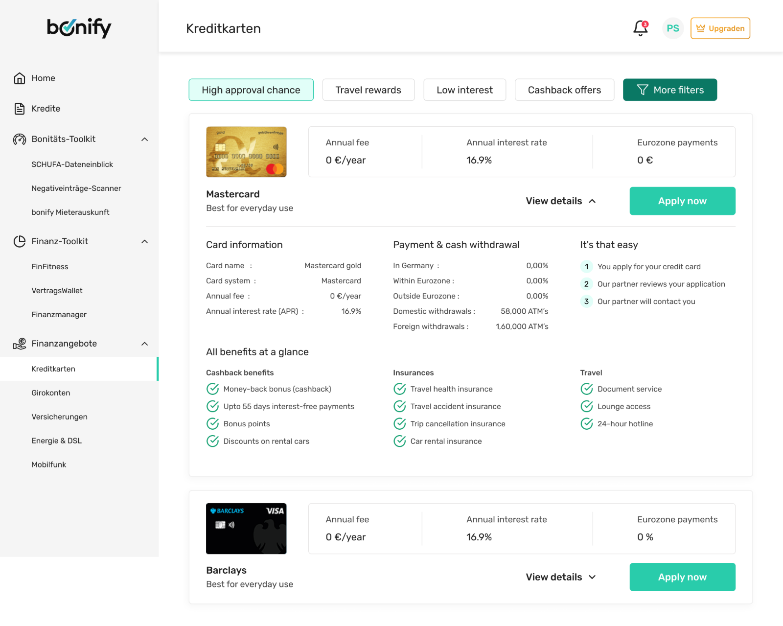 The redesigned bonify credit-card marketplace on desktop.