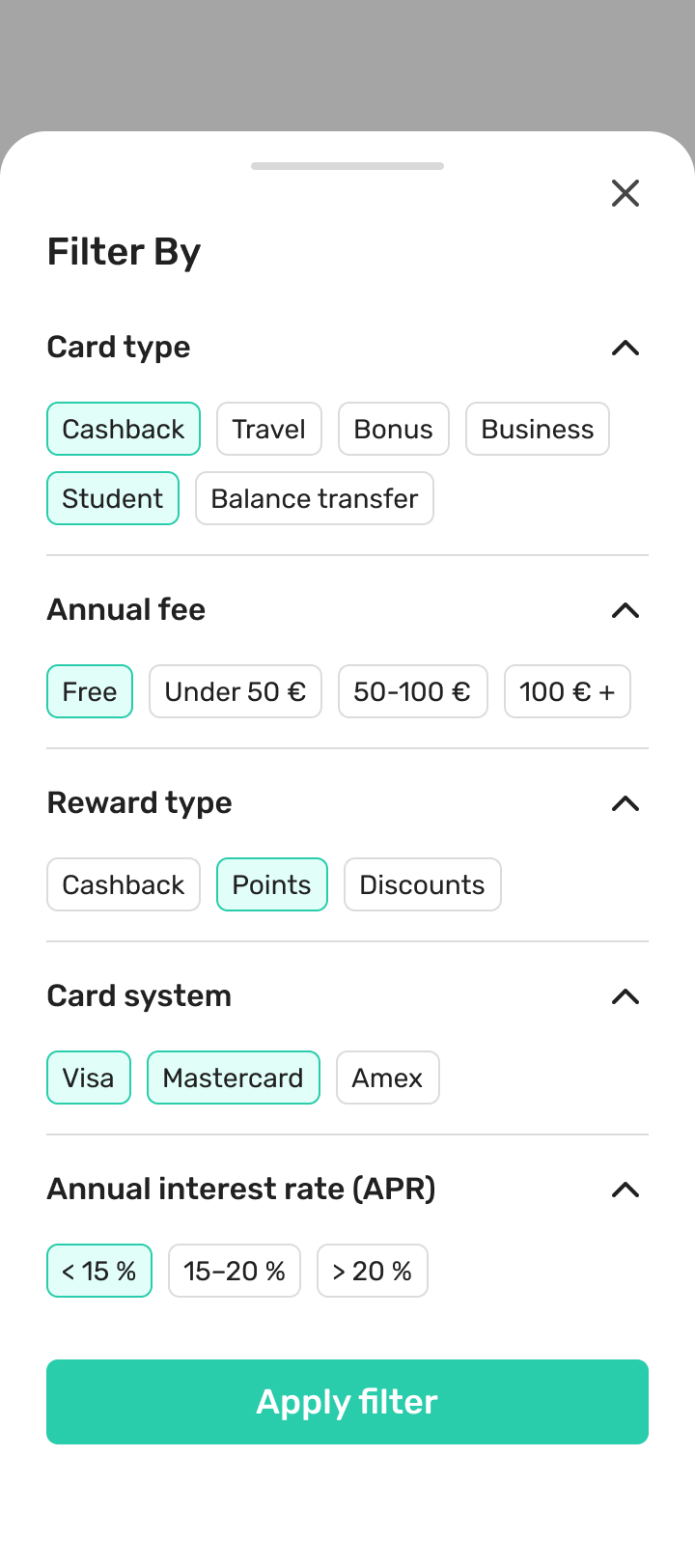 Mobile 'Filter By' bottom sheet — card type, annual fee, reward type, card system and APR as tappable chips with a sticky 'Apply filter' button.