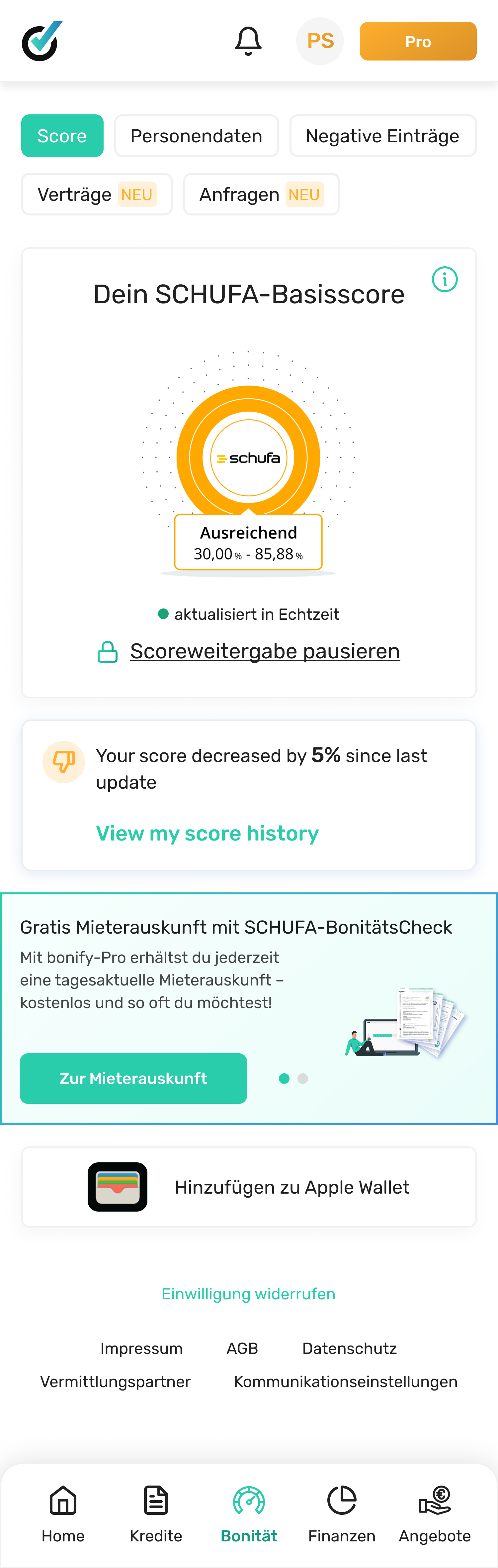 bonify home screen with the SCHUFA-Basisscore ring and a link into score history — the entry point into the feature.