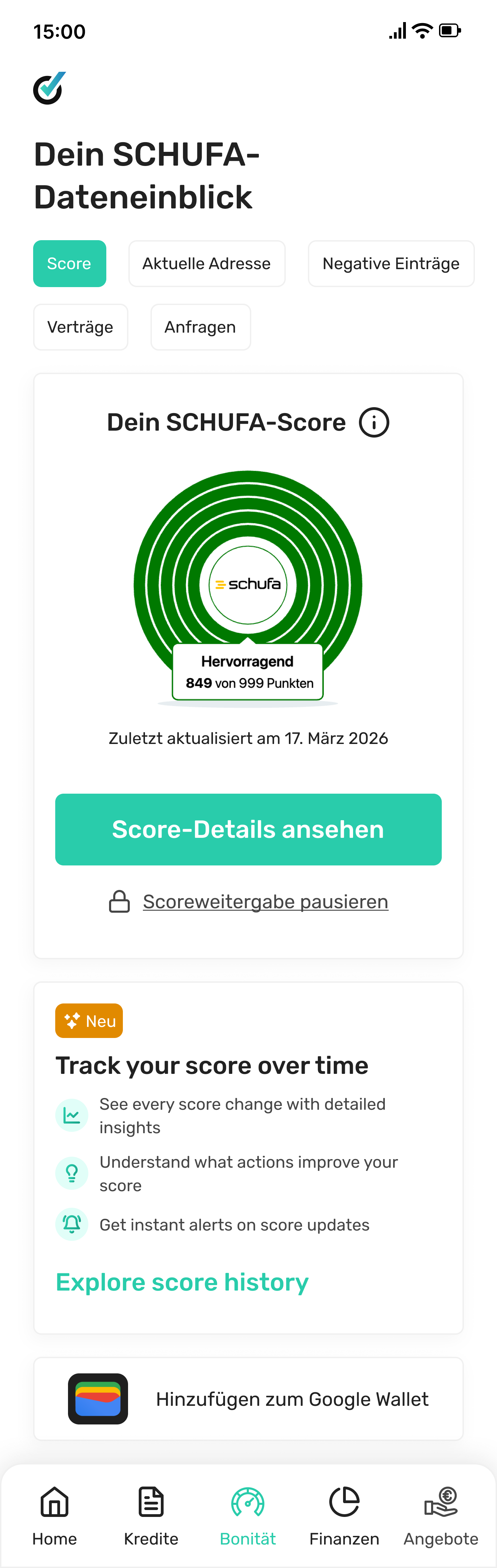 SCHUFA Dateneinblick home screen — green score ring at 849 points rated Hervorragend, the entry point into score history.