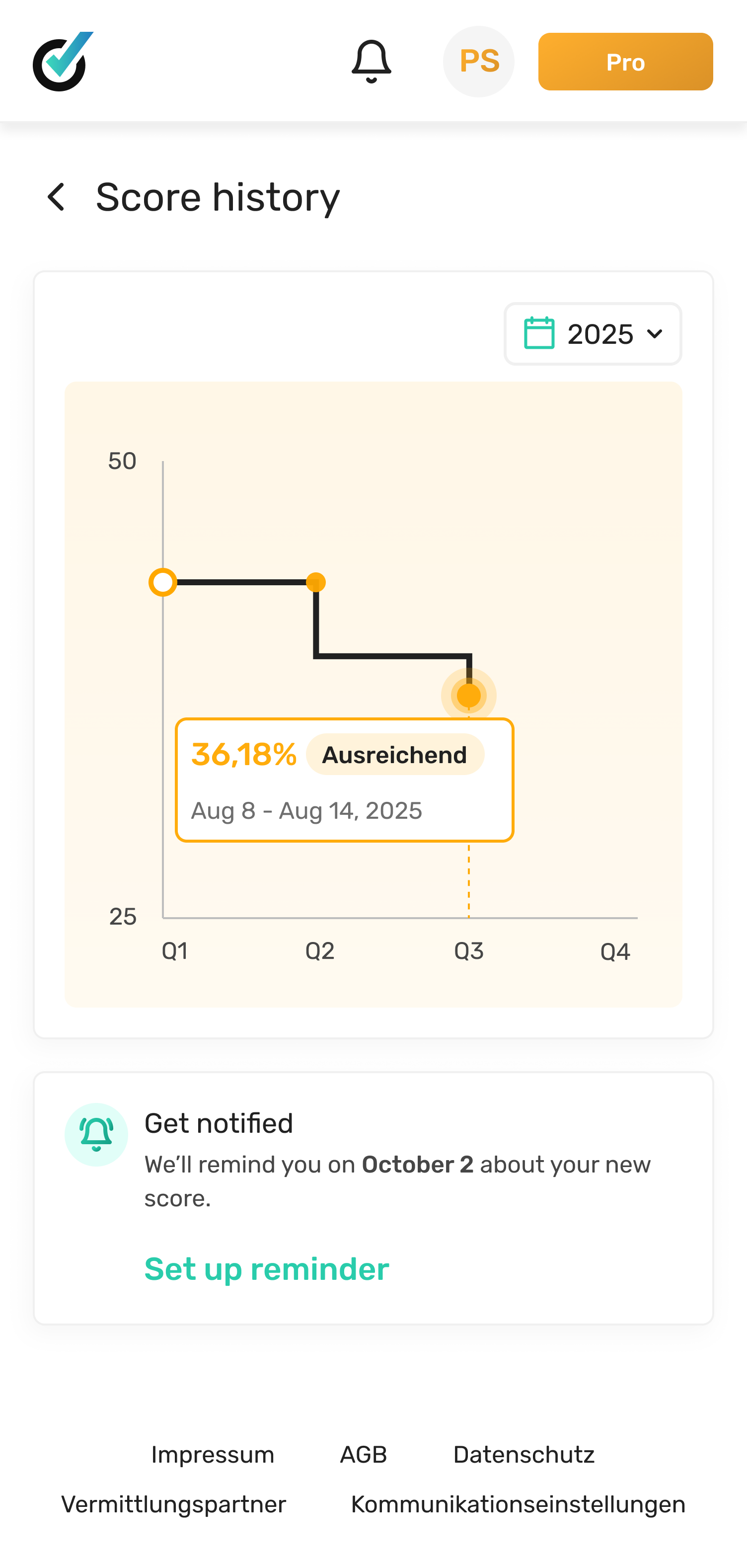 Score history screen showing a dip to 36,18% rated Ausreichend, with the affected period highlighted in the timeline so the change is easy to read.