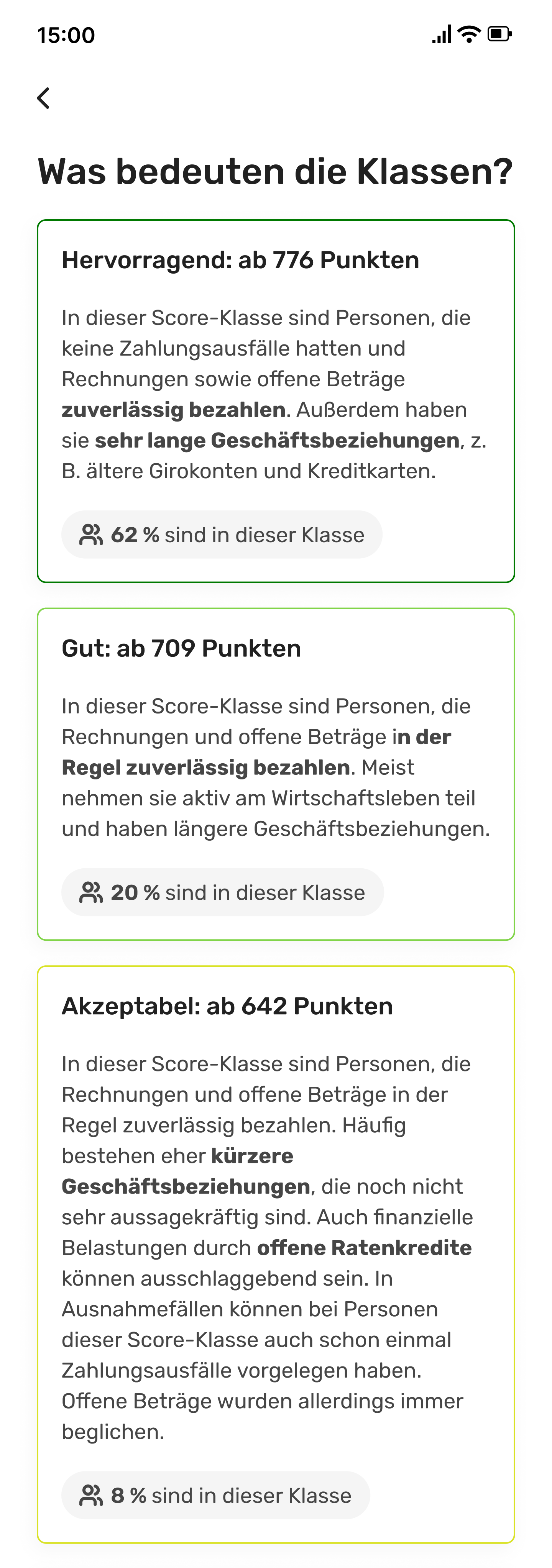 'Was bedeuten die Klassen?' explainer screen — each score class (Hervorragend, Gut, Akzeptabel) described in plain language with the share of people in it.